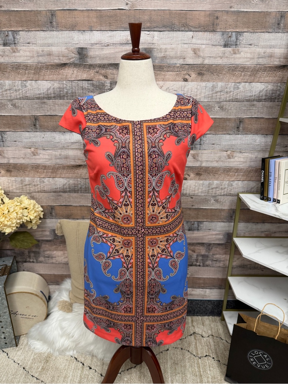Vince Camuto Coral and Blue Paisley Sheath Dress